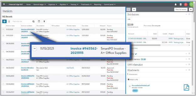 SmartPO invoice delivered to Financial Edge NXT