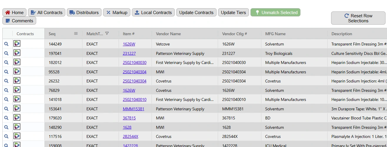 Contract matching grid showing exact matches by vendor and manufacturer