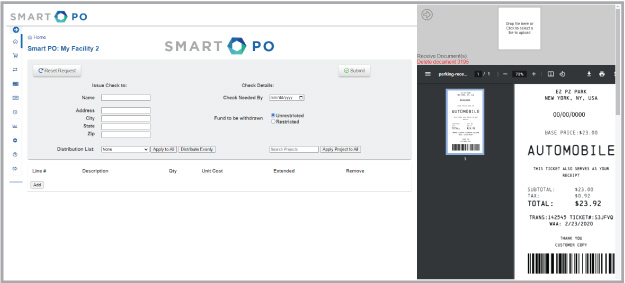 Easily attach documents, like the parking receipt shown here, to check requests.