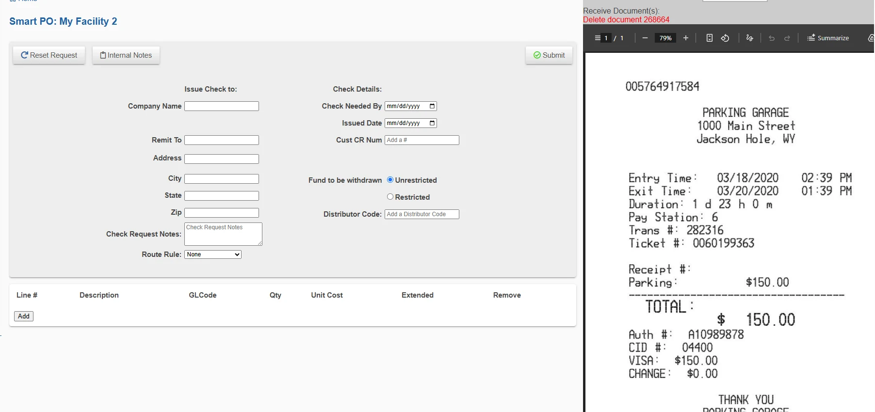 Easily attach documents, like the parking receipt shown here, to check requests.