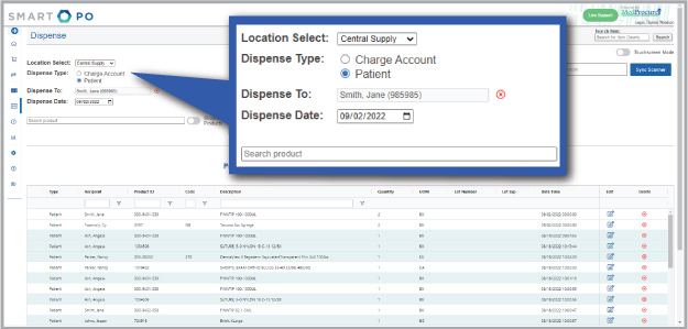 The Dispense screen tracks supplies and services used by individual residents.