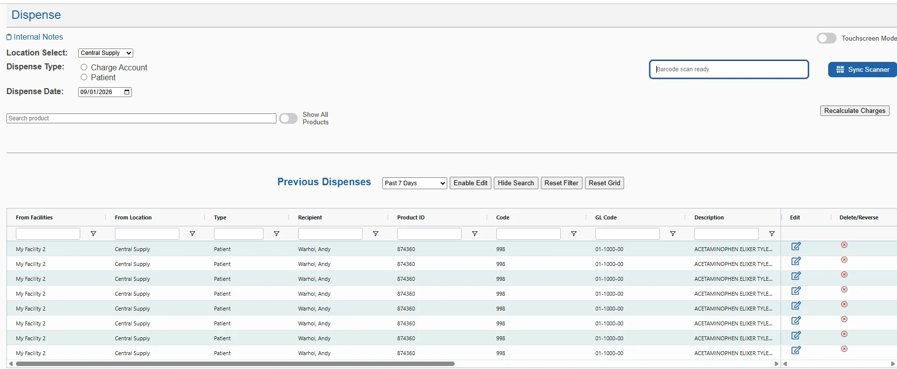 The Dispense screen tracks supplies and services used by individual residents.