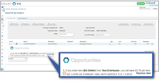 The Opportunities window alerts users to potential cost savings.