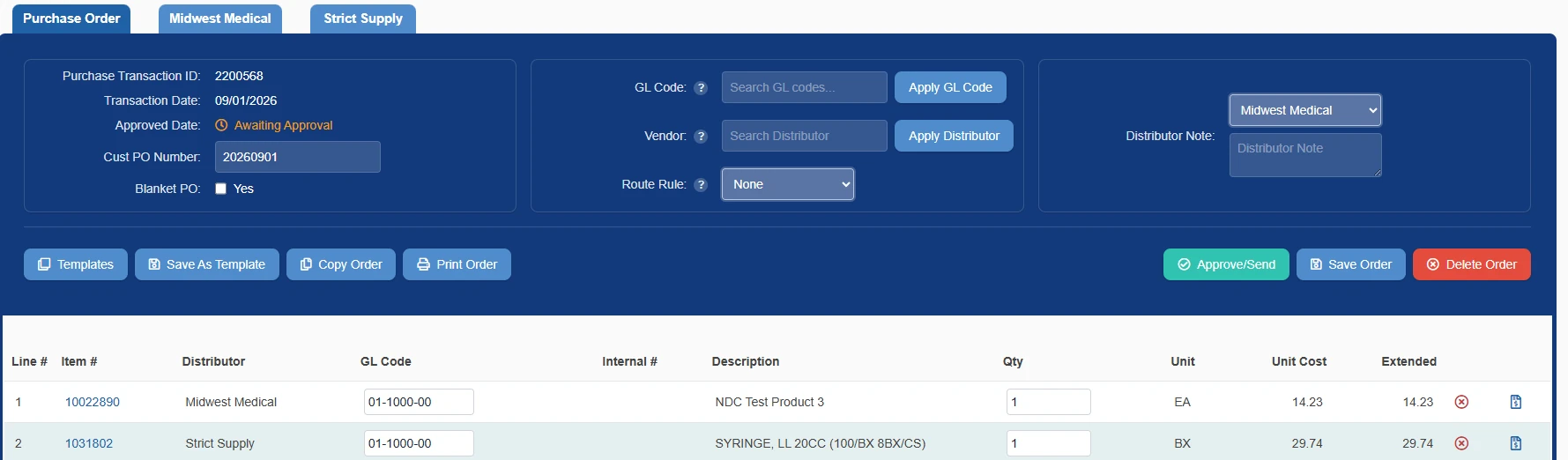 SmartPO order screen building separate purchase orders per vendor