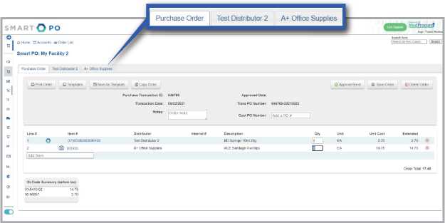 SmartPO order screen with vendor tabs