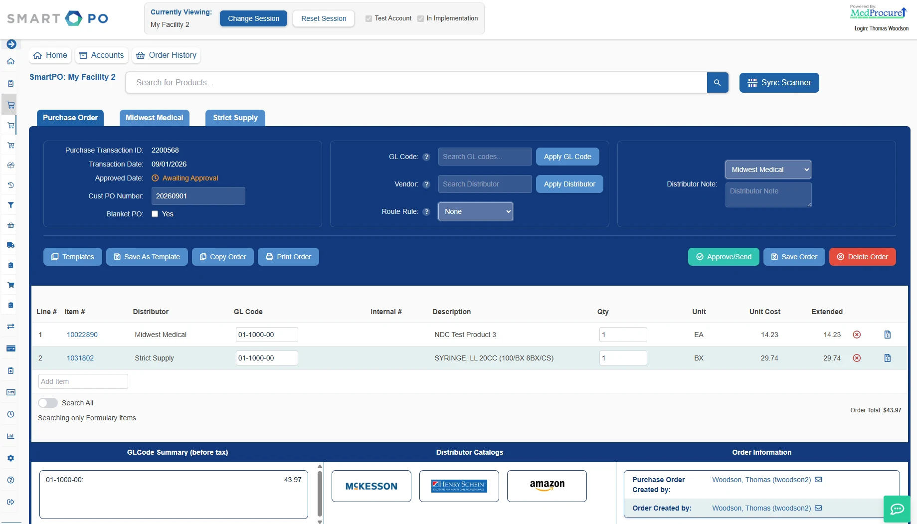 SmartPO order screen with vendor tabs