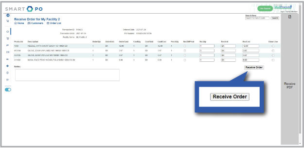 A single click marks orders as received.
