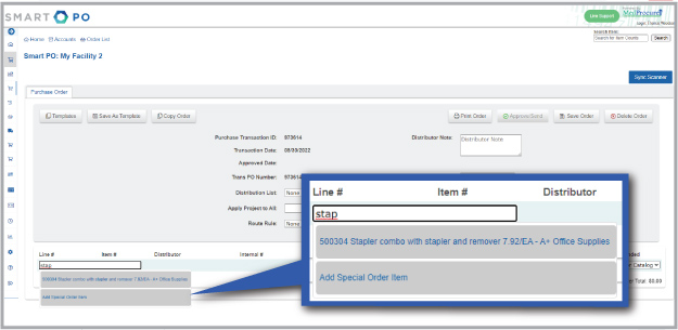 The option to enter a special order item displays as you create an order or requisition.