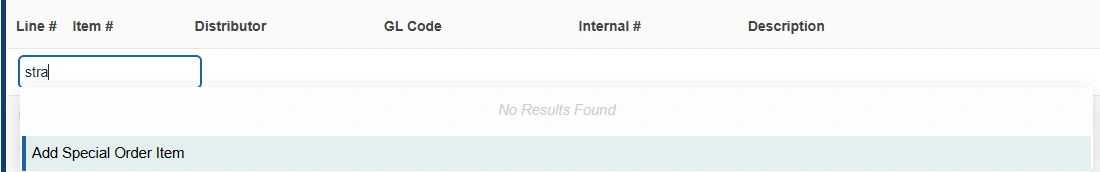 The option to enter a special order item displays as you create an order or requisition.